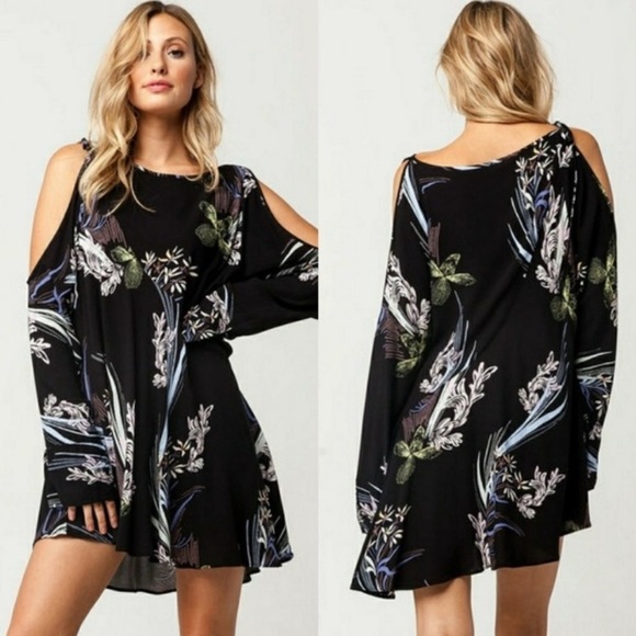Free People cold shoulder asymmetric mini dress Floral Black Dress - Picture 1 of 8
